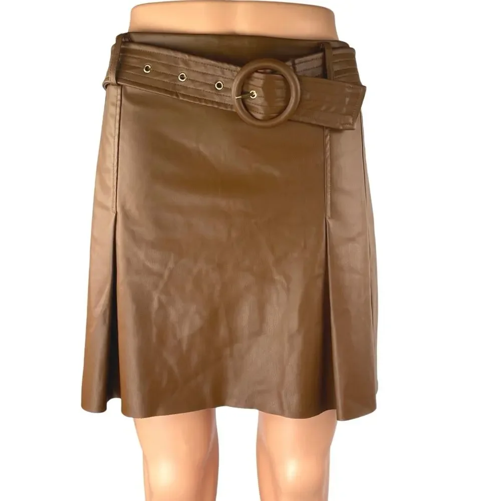 Zara Women's Brown Faux Vegan Leather Pleated Belted Mini A-Line Skirt Size L